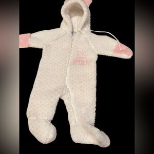 Vintage Easter Bunny Fleece Suit Snow Suite 80’s Sz 0-6 Mos White Pink Bunny